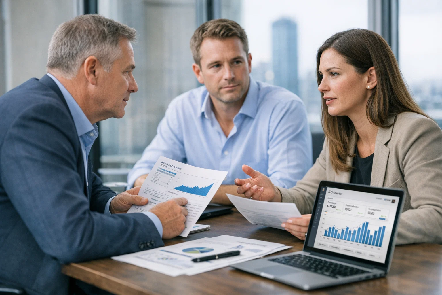 nterprise SEO strategy session with consultants evaluating search visibility results.